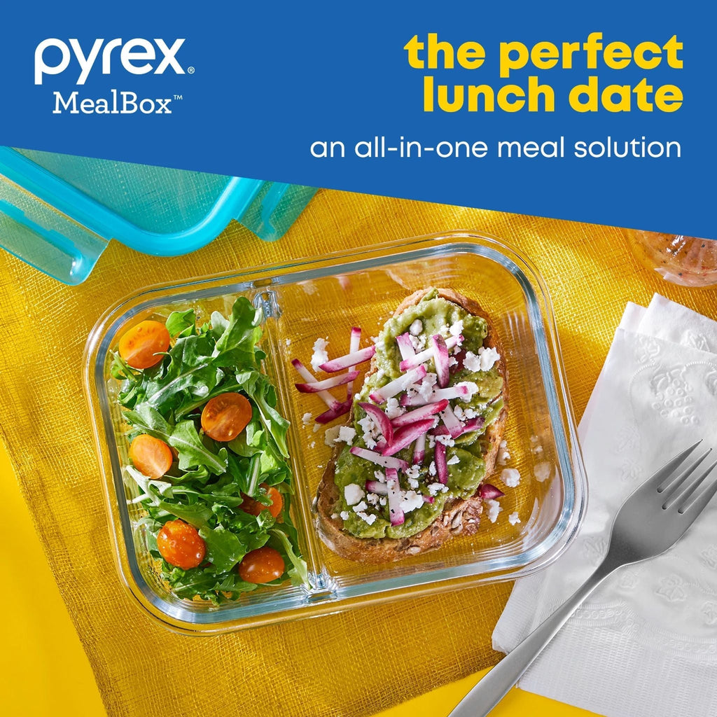 Pyrex® MealBox 4-cup Divided Glass Food Storage Container with Turquoise Lid
