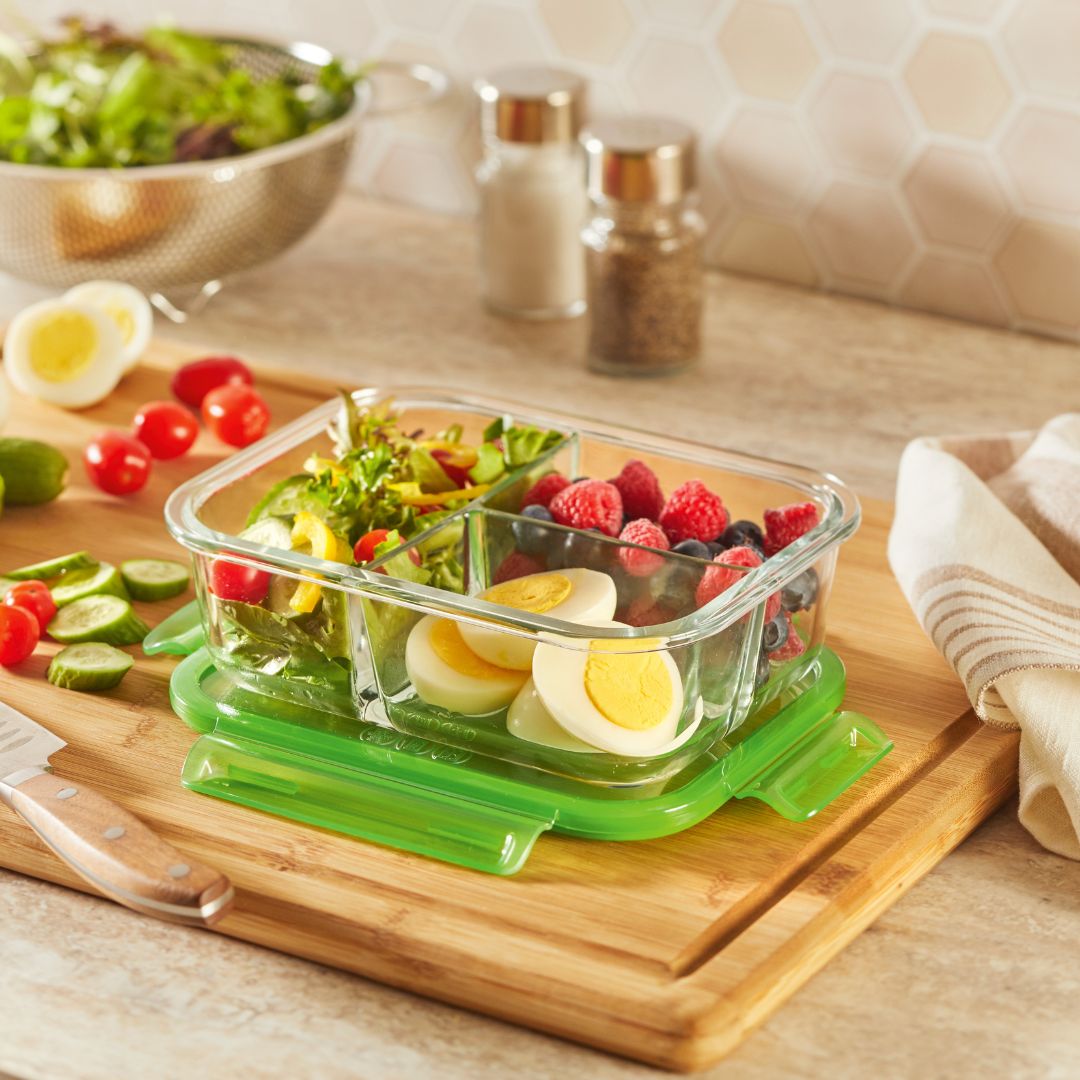 Pyrex® MealBox™ 4-cup Divided Glass Food Storage Container with Green Lid